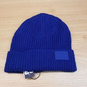TOMMY HILFIGER Mens Beanie Hat Blue Shaker Cuff Logo Ghost Patch